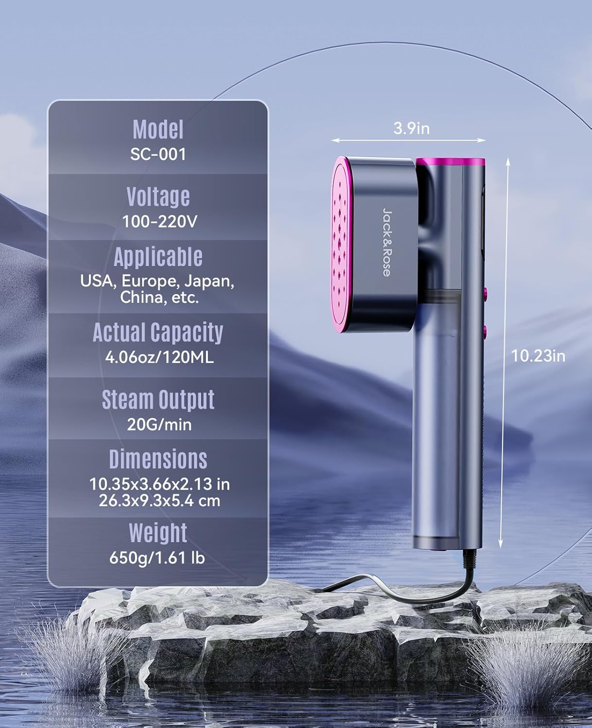 Jack & Rose Travel Steamer for Clothes,100-220V Portable Iron,15S Heat Up,Steamer & Iron 2 in 1, Travel Size,Large Ceramic Heat Panel,For Global and Europe