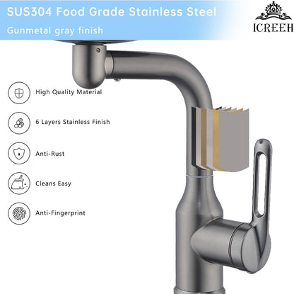 Bathroom Sink Faucet 1 Hole, Gunmetal Grey Multifunctional Basin Faucet with 4 Water Outlet Modes, Modern 360°Rotatable Bar Tap with Two Water Supply Pipes