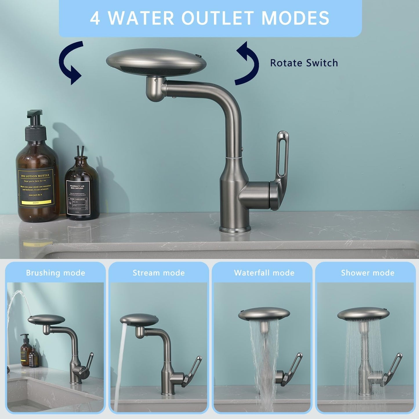 Bathroom Sink Faucet 1 Hole, Gunmetal Grey Multifunctional Basin Faucet with 4 Water Outlet Modes, Modern 360°Rotatable Bar Tap with Two Water Supply Pipes
