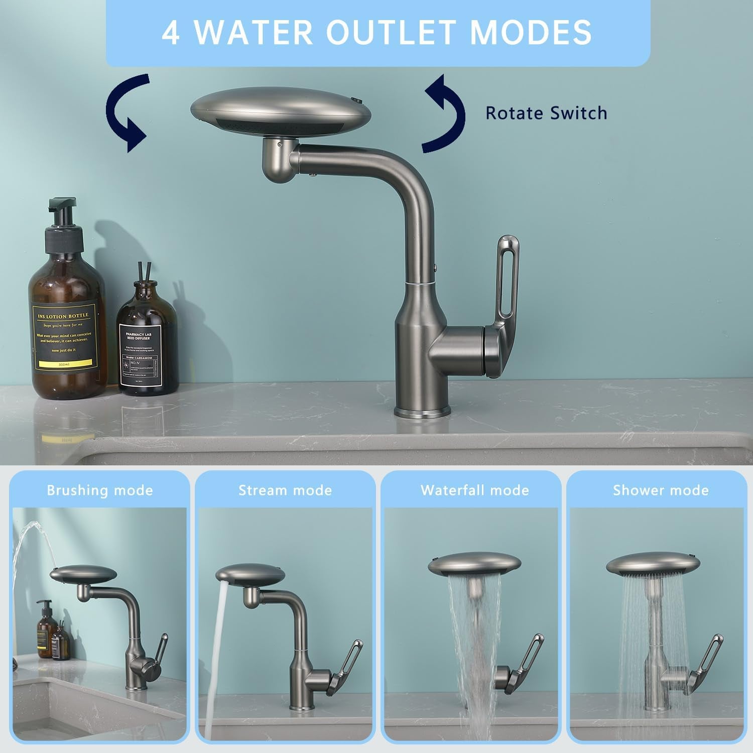 Bathroom Sink Faucet 1 Hole, Gunmetal Grey Multifunctional Basin Faucet with 4 Water Outlet Modes, Modern 360°Rotatable Bar Tap with Two Water Supply Pipes