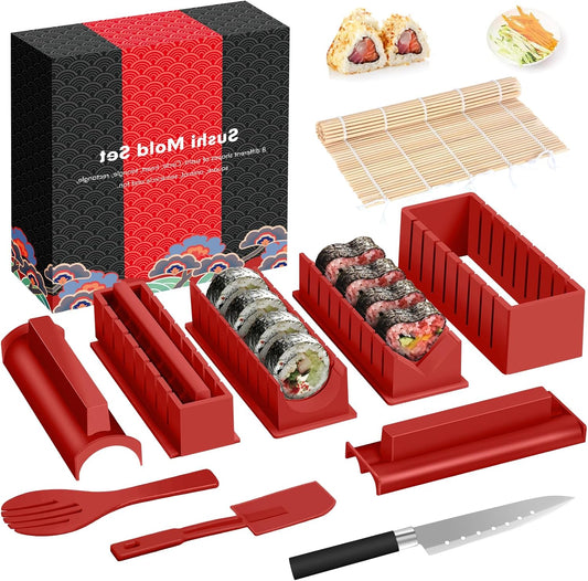Sushi Making Kit Deluxe Edition Complete Sushi Maker Kit 12PCS Home Sushi Mold Press with Sushi Rice Roll Mold Shapes,Fork , Sushi Knife,Sushi Rolling Mat,Chopsticks