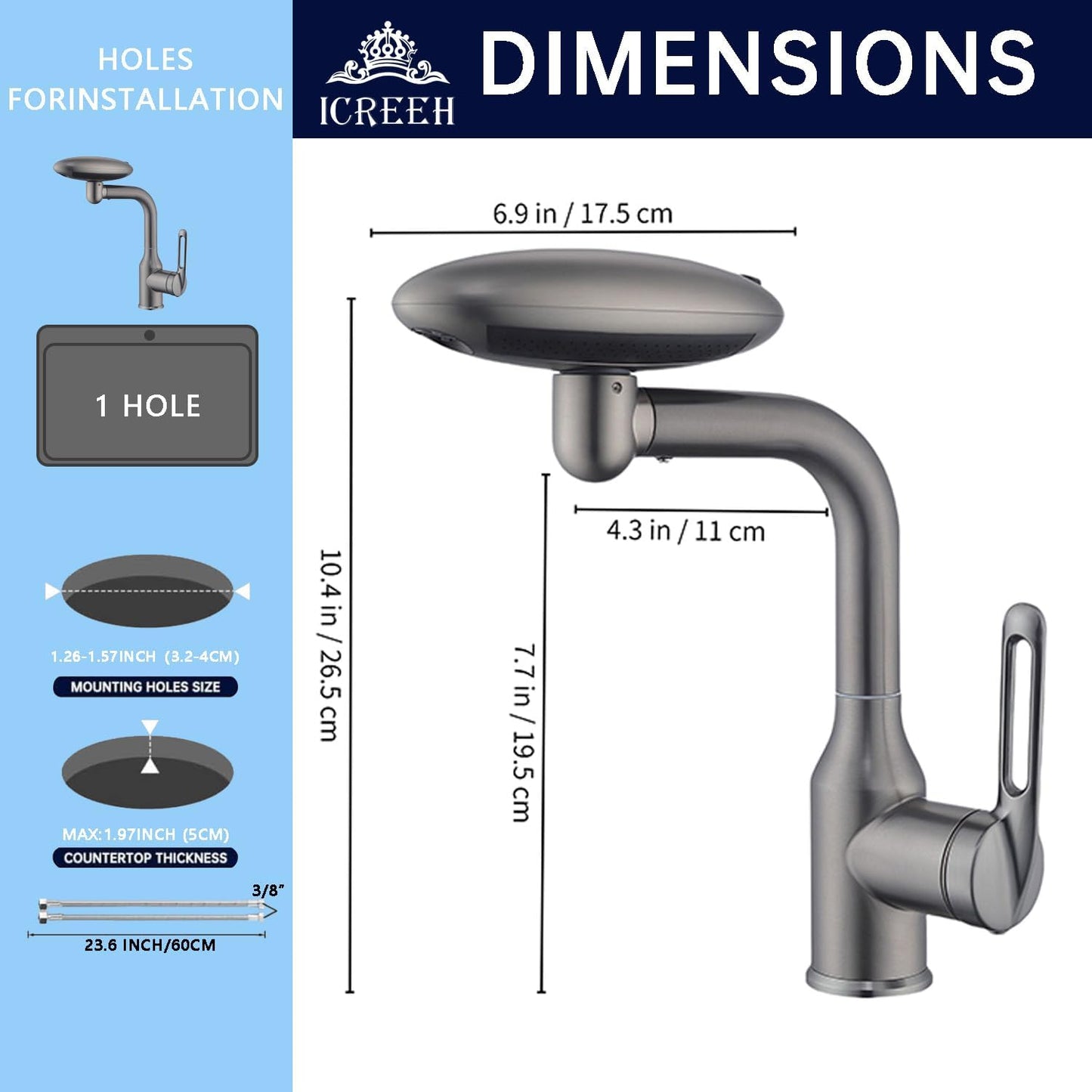 Bathroom Sink Faucet 1 Hole, Gunmetal Grey Multifunctional Basin Faucet with 4 Water Outlet Modes, Modern 360°Rotatable Bar Tap with Two Water Supply Pipes