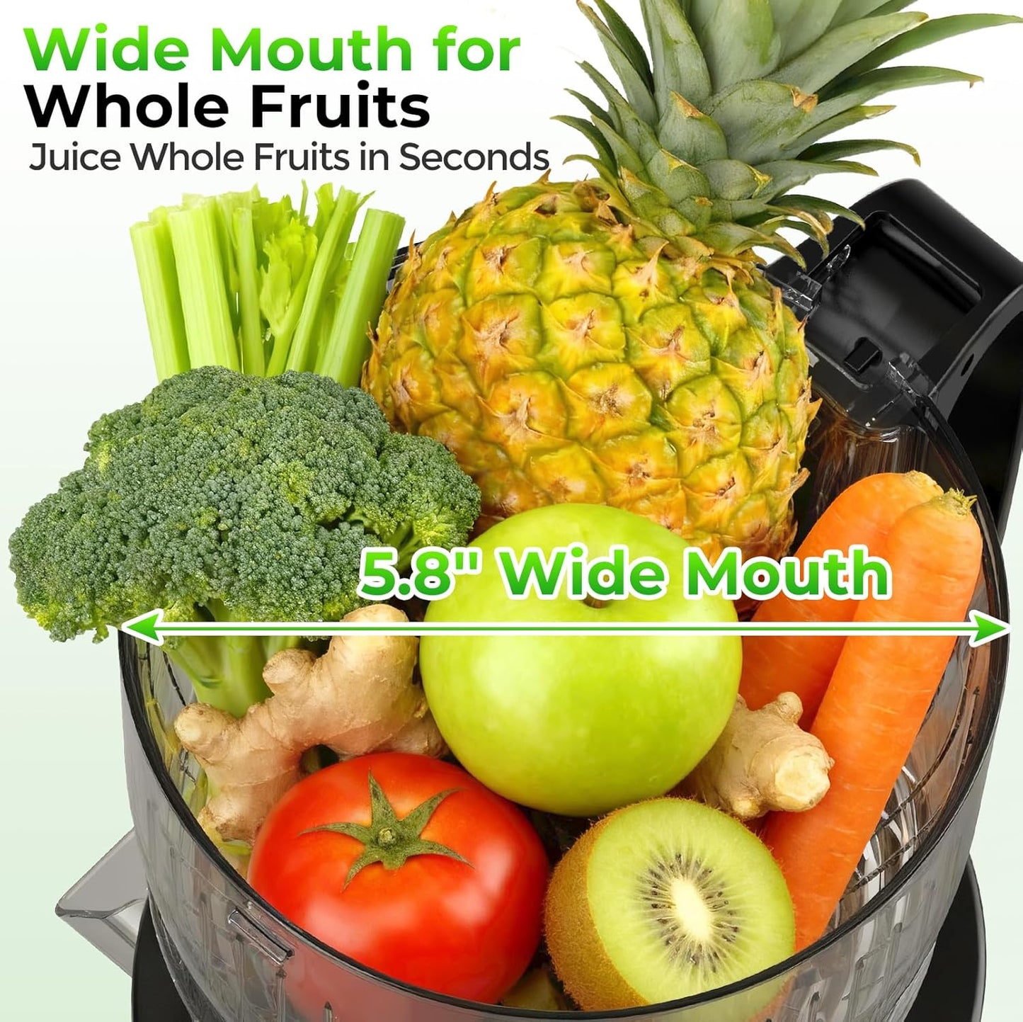 Juicer Machines, 5.8" Large Feed Chute Slow Masticating Cold Press Juicer for Whole Fruits & Vegetables, Easy to Clean & High Juice Yield