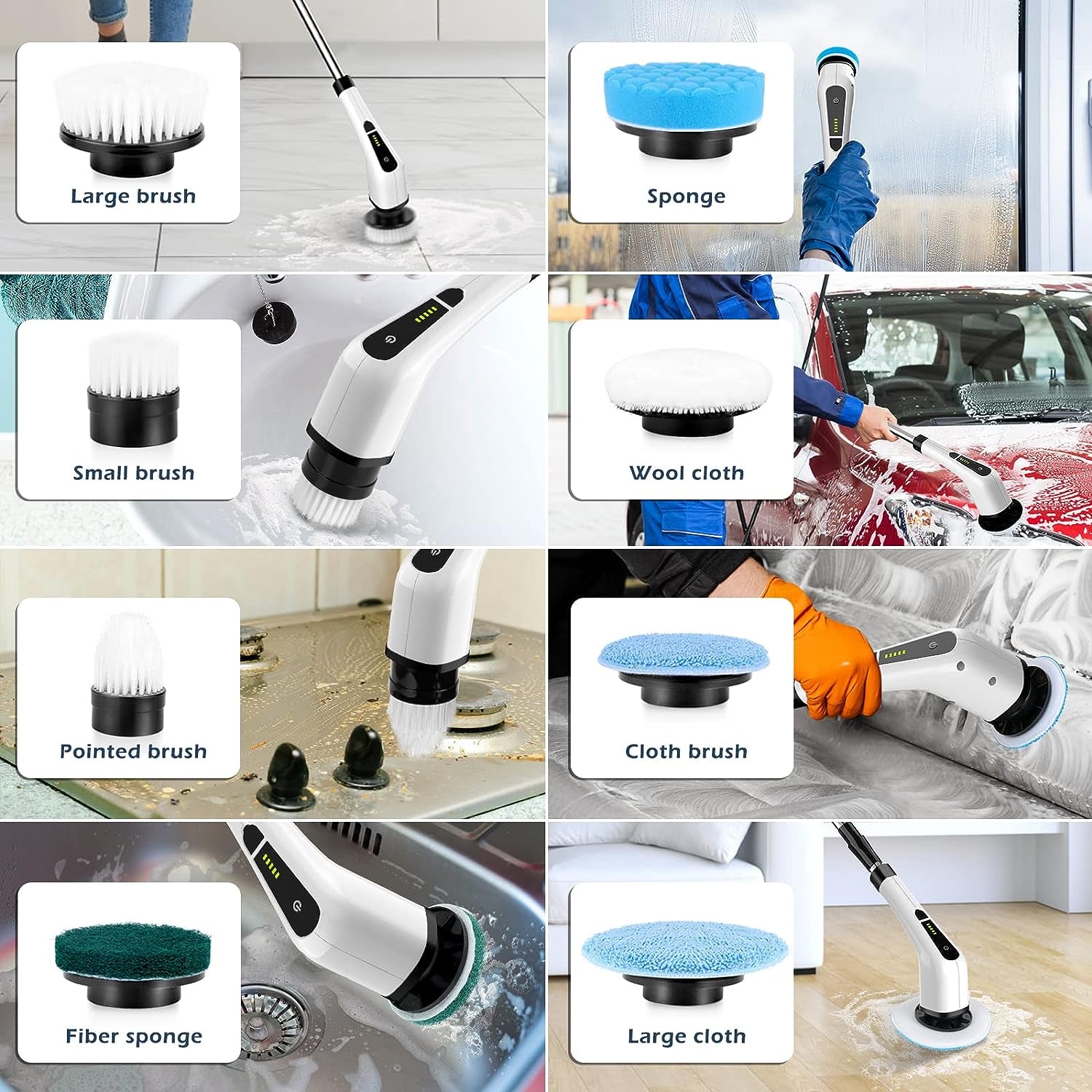 Electric Spin Scrubber, Cordless Cleaning Brush Scrubber for Home, 8 Replaceable Brush Heads-90Mins Work Time, 3 Adjustable Size, 2 Speeds for Bathroom Shower Bathtub Glass Car