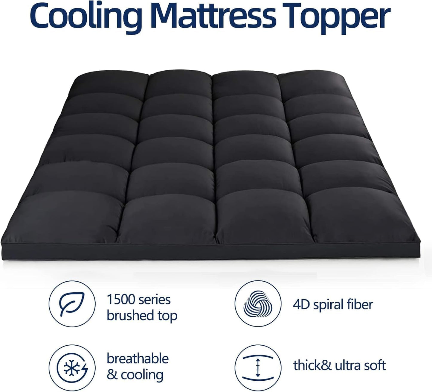 Mattress Topper Queen, Extra Thick Mattress Pad Cover, Plush Pillow Top, Deep Elastic Pocket, Black