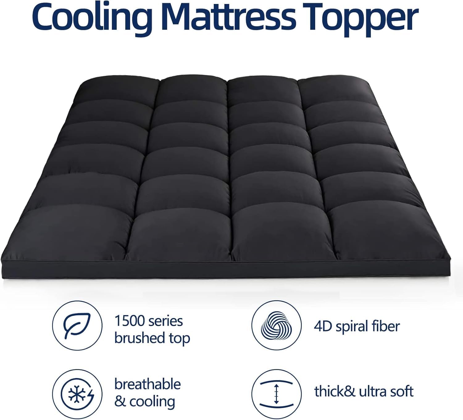 Mattress Topper Queen, Extra Thick Mattress Pad Cover, Plush Pillow Top, Deep Elastic Pocket, Black