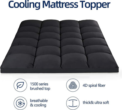 Mattress Topper Queen, Extra Thick Mattress Pad Cover, Plush Pillow Top, Deep Elastic Pocket, Black