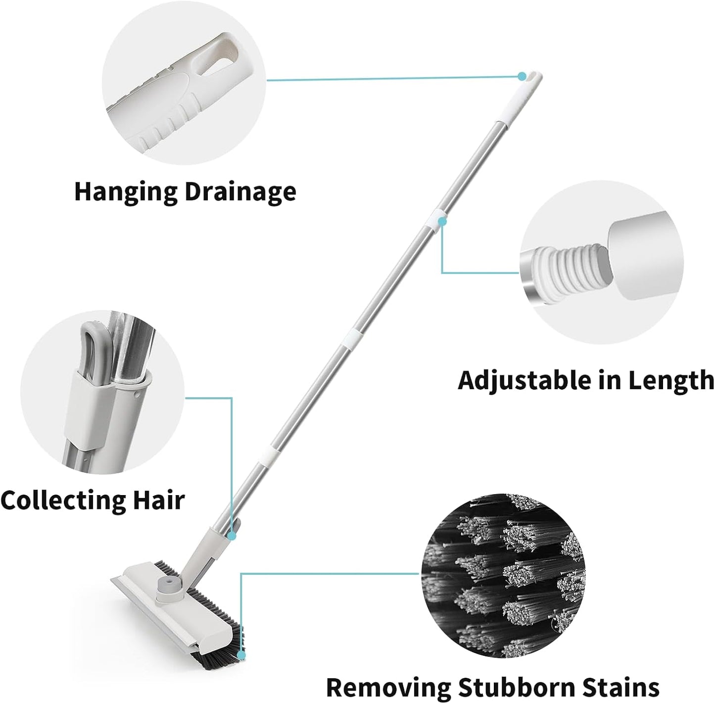 Floor Scrub Brush with Long Handle, 3 in 1 Scrape and Heavy-Duty Stiff Bristle Scrubber Brush for Cleaning Shower Bathroom, Patio, Pool, Garage, Kitchen, Wall and Deck (White, 1 Pack)