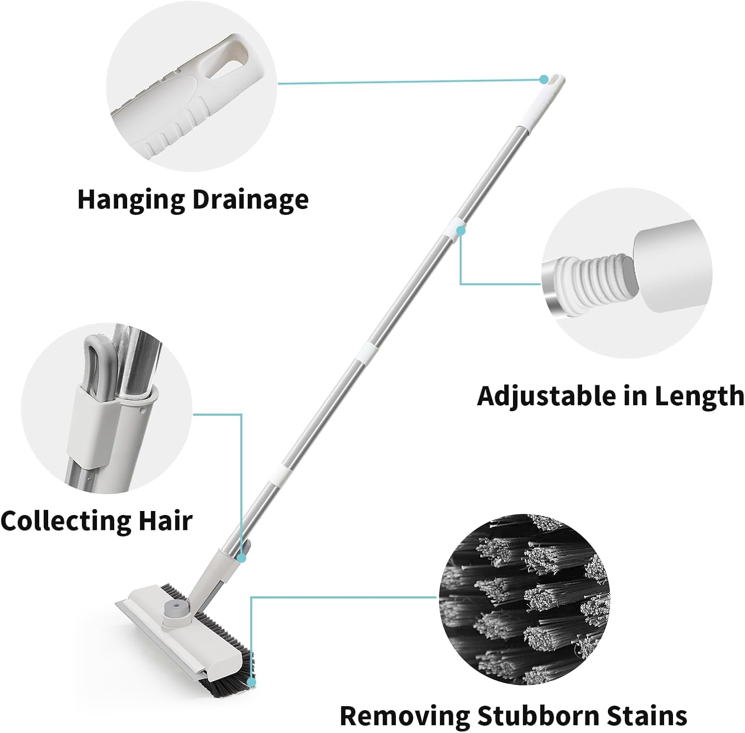 Floor Scrub Brush with Long Handle, 3 in 1 Scrape and Heavy-Duty Stiff Bristle Scrubber Brush for Cleaning Shower Bathroom, Patio, Pool, Garage, Kitchen, Wall and Deck (White, 1 Pack)