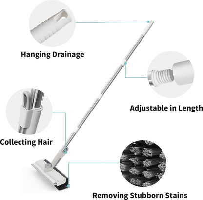 Floor Scrub Brush with Long Handle, 3 in 1 Scrape and Heavy-Duty Stiff Bristle Scrubber Brush for Cleaning Shower Bathroom, Patio, Pool, Garage, Kitchen, Wall and Deck (White, 1 Pack)