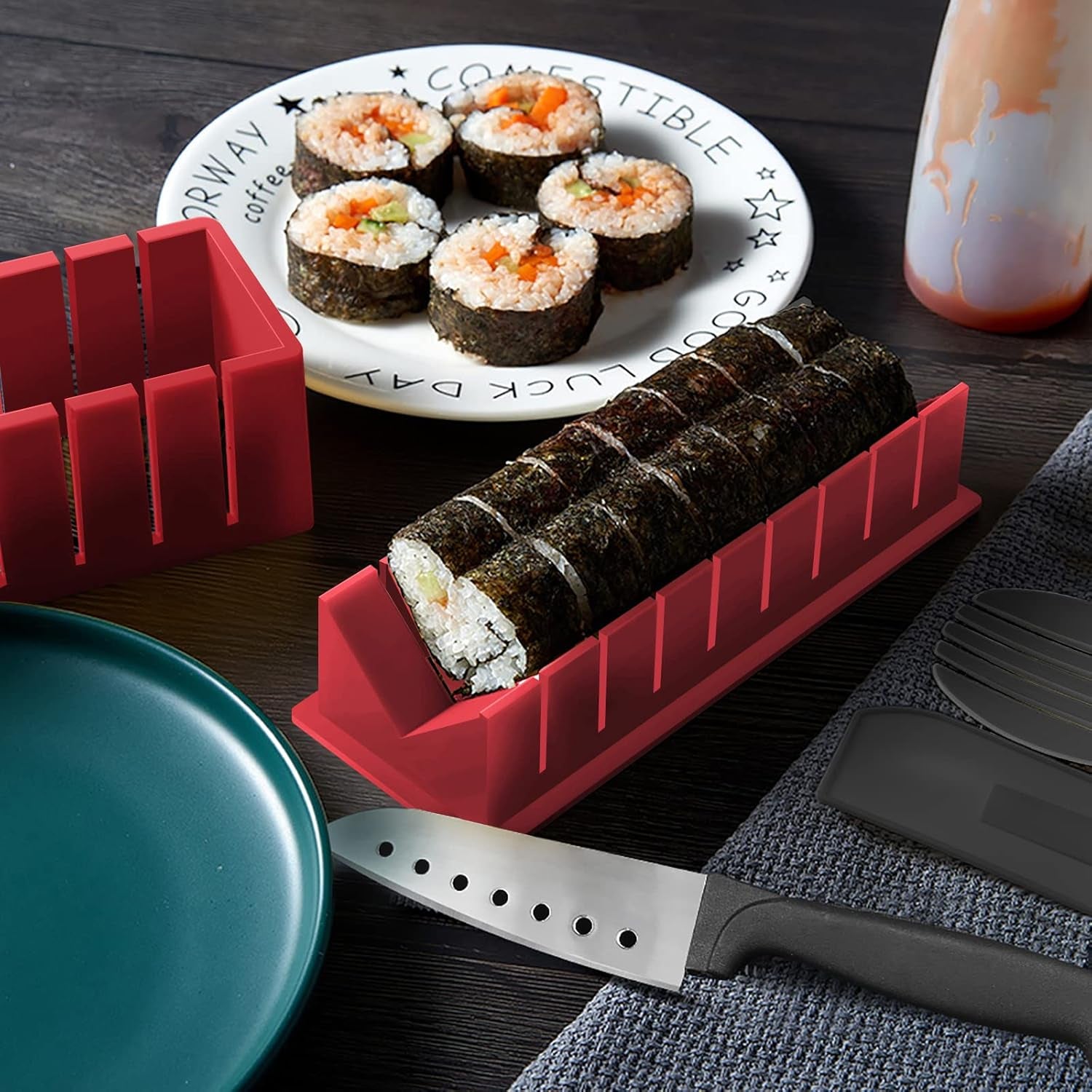 Sushi Making Kit Deluxe Edition Complete Sushi Maker Kit 12PCS Home Sushi Mold Press with Sushi Rice Roll Mold Shapes,Fork , Sushi Knife,Sushi Rolling Mat,Chopsticks