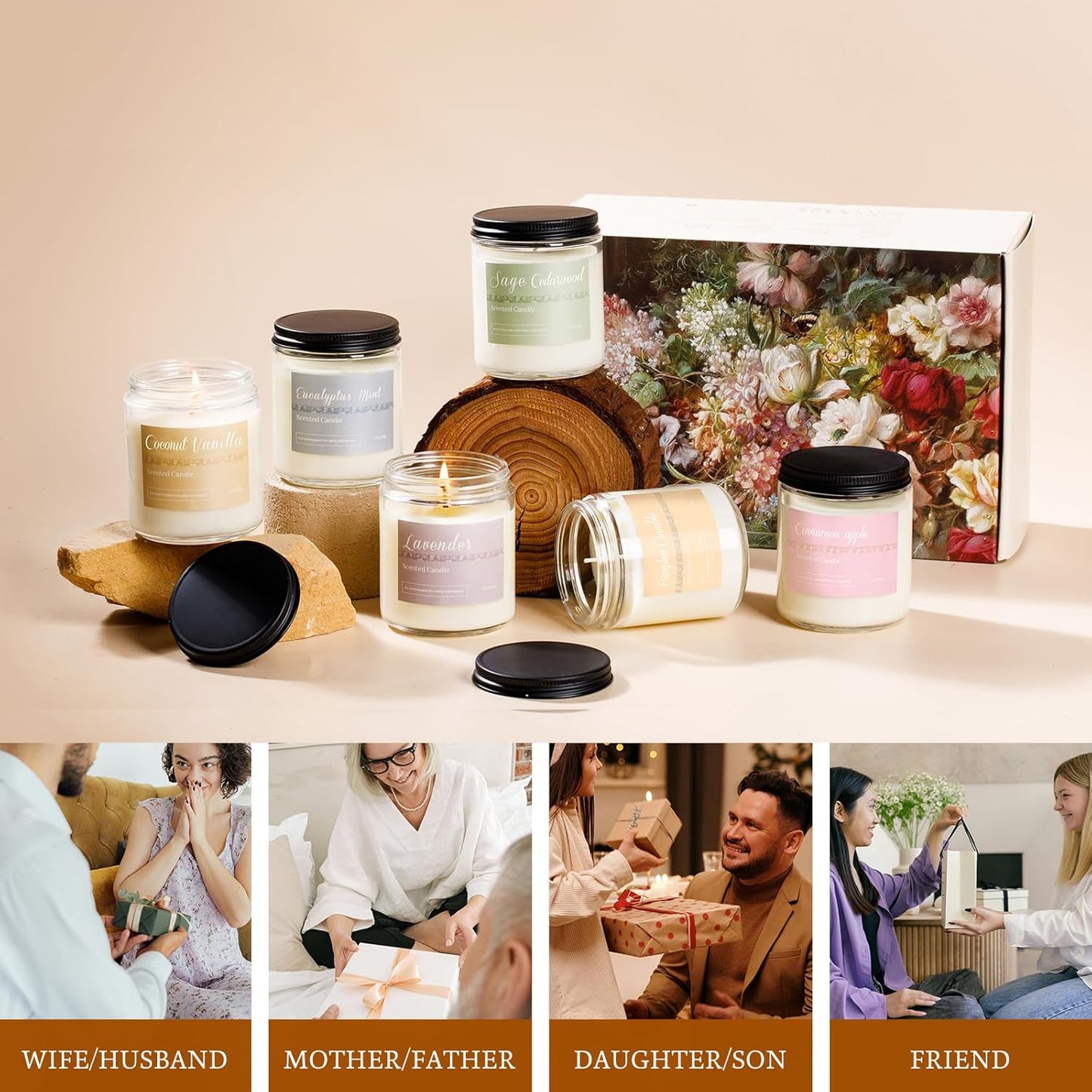 Christmas Candle Gift Set, 6 Natural Soy Wax Candles for Home, Long Burning Holiday Aromatherapy Set with Cinnamon Apple & Vanilla, Perfect Christmas Gifts for Women, Men, Friends & Family