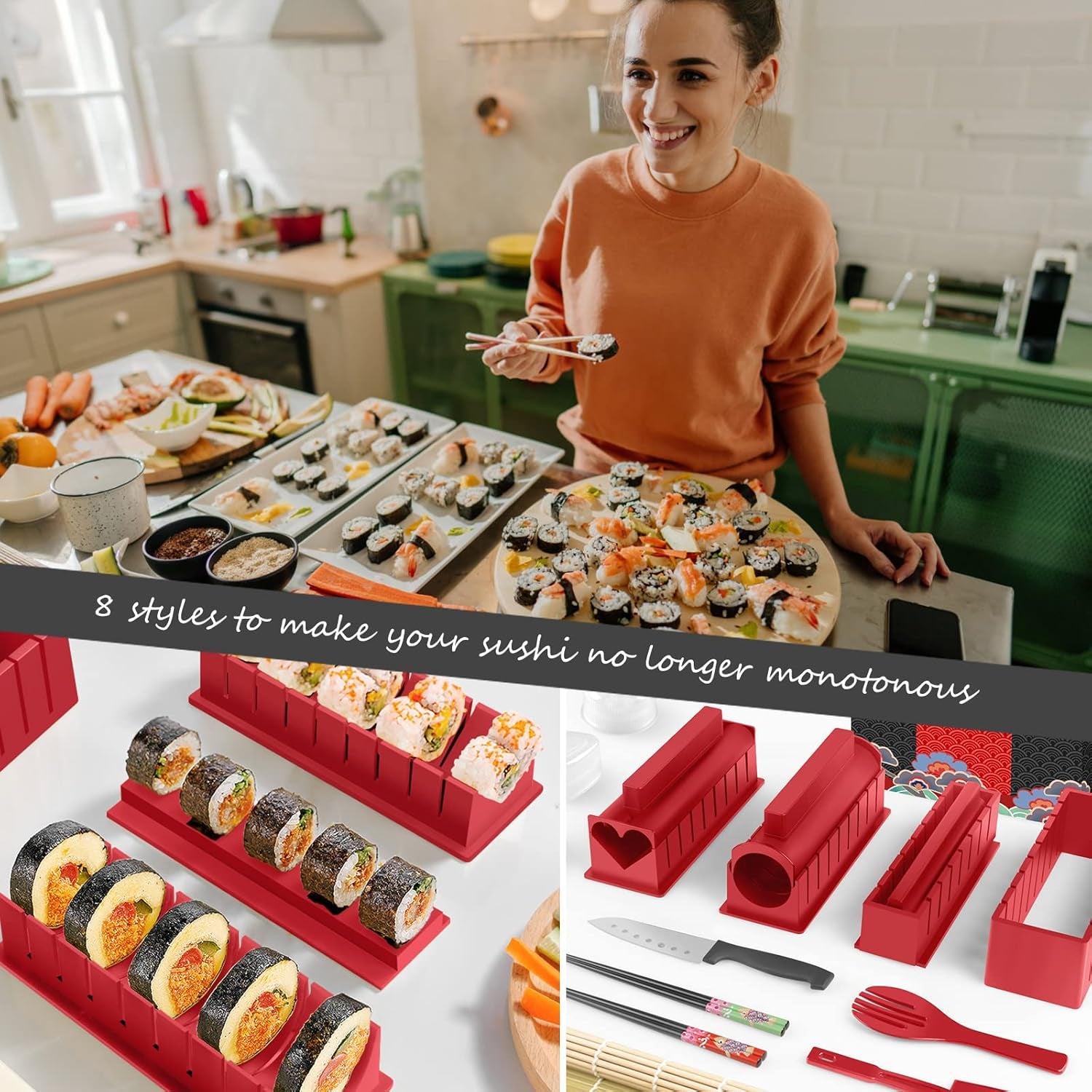 Sushi Making Kit Deluxe Edition Complete Sushi Maker Kit 12PCS Home Sushi Mold Press with Sushi Rice Roll Mold Shapes,Fork , Sushi Knife,Sushi Rolling Mat,Chopsticks