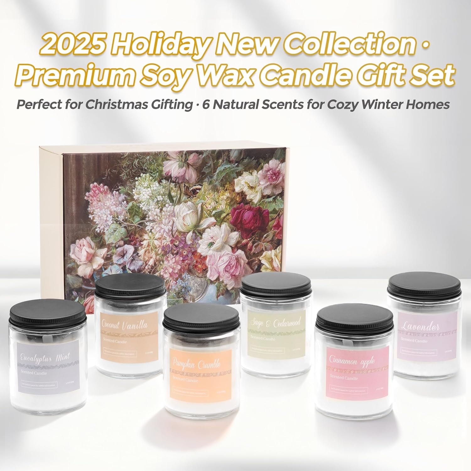 Christmas Candle Gift Set, 6 Natural Soy Wax Candles for Home, Long Burning Holiday Aromatherapy Set with Cinnamon Apple & Vanilla, Perfect Christmas Gifts for Women, Men, Friends & Family