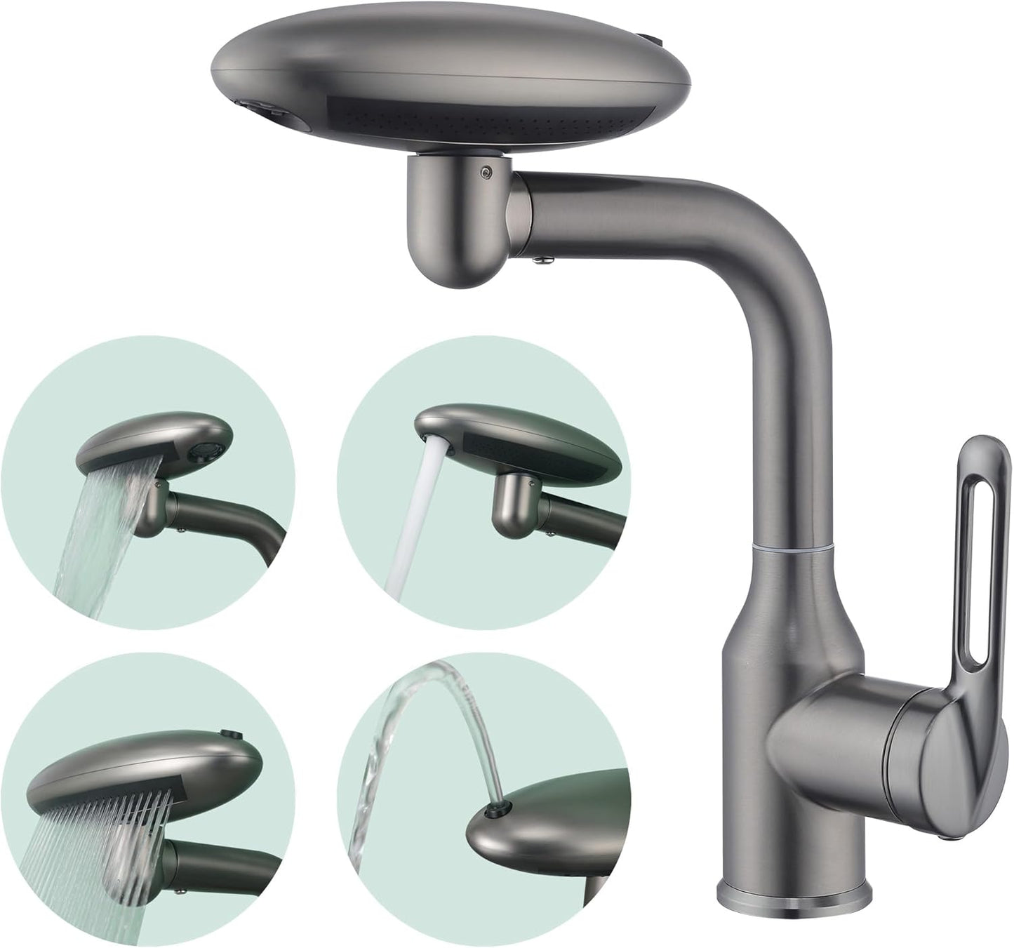 Bathroom Sink Faucet 1 Hole, Gunmetal Grey Multifunctional Basin Faucet with 4 Water Outlet Modes, Modern 360°Rotatable Bar Tap with Two Water Supply Pipes