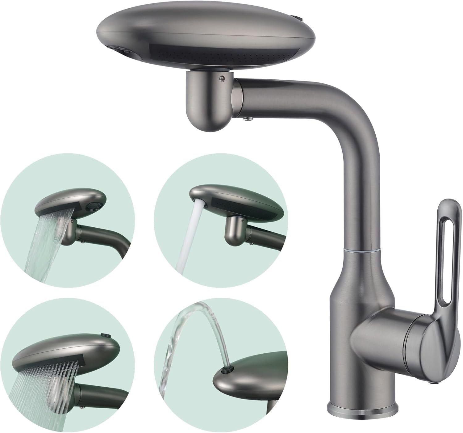 Bathroom Sink Faucet 1 Hole, Gunmetal Grey Multifunctional Basin Faucet with 4 Water Outlet Modes, Modern 360°Rotatable Bar Tap with Two Water Supply Pipes