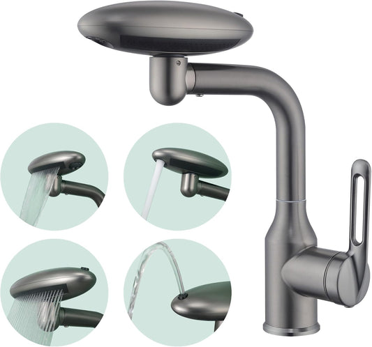Bathroom Sink Faucet 1 Hole, Gunmetal Grey Multifunctional Basin Faucet with 4 Water Outlet Modes, Modern 360°Rotatable Bar Tap with Two Water Supply Pipes