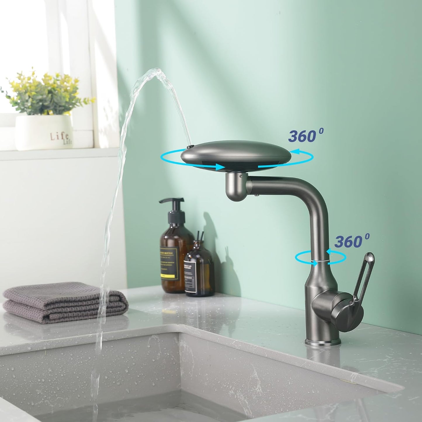 Bathroom Sink Faucet 1 Hole, Gunmetal Grey Multifunctional Basin Faucet with 4 Water Outlet Modes, Modern 360°Rotatable Bar Tap with Two Water Supply Pipes