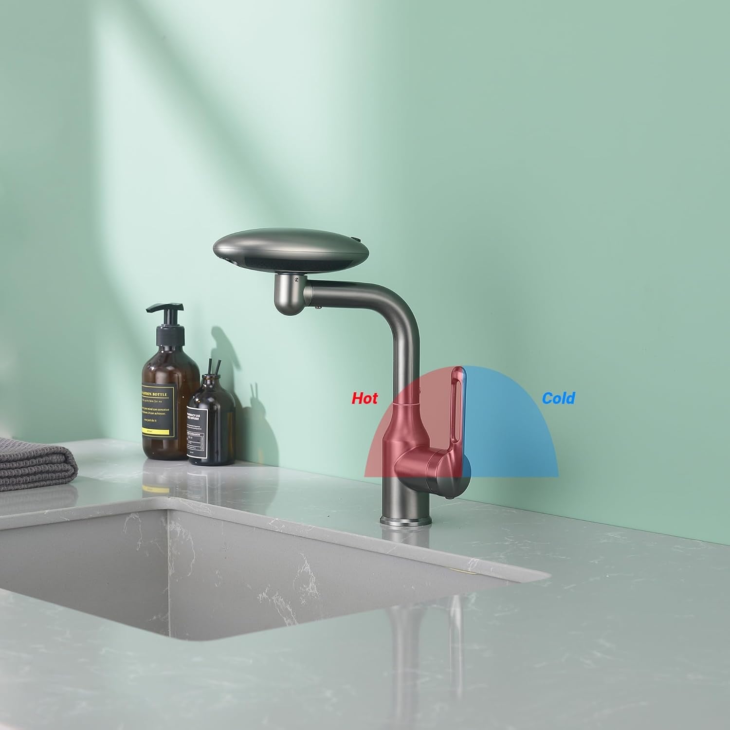 Bathroom Sink Faucet 1 Hole, Gunmetal Grey Multifunctional Basin Faucet with 4 Water Outlet Modes, Modern 360°Rotatable Bar Tap with Two Water Supply Pipes