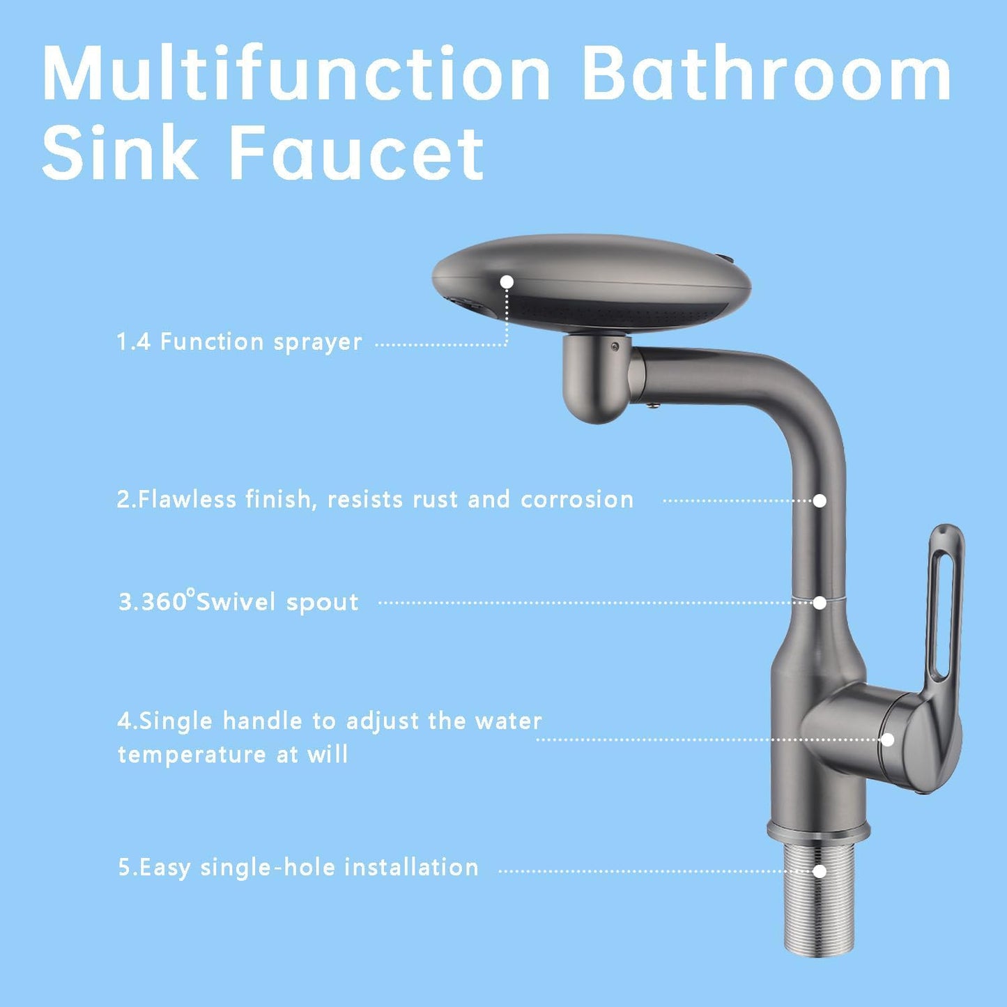 Bathroom Sink Faucet 1 Hole, Gunmetal Grey Multifunctional Basin Faucet with 4 Water Outlet Modes, Modern 360°Rotatable Bar Tap with Two Water Supply Pipes