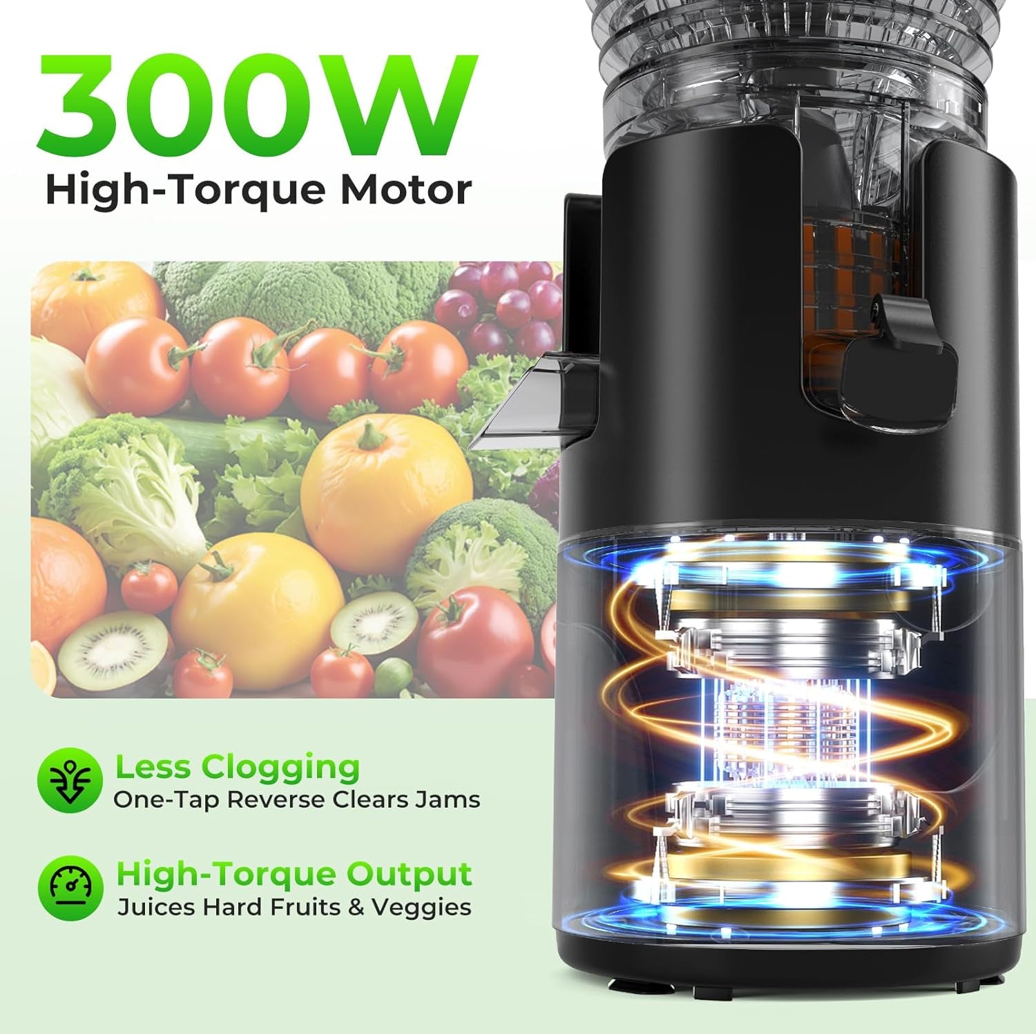 Juicer Machines, 5.8" Large Feed Chute Slow Masticating Cold Press Juicer for Whole Fruits & Vegetables, Easy to Clean & High Juice Yield